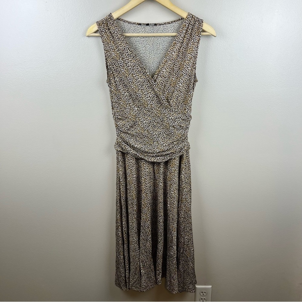 Lafayette 148 Sheath Dress Size Small Faux Wrap Brown Spotted Stretch Career